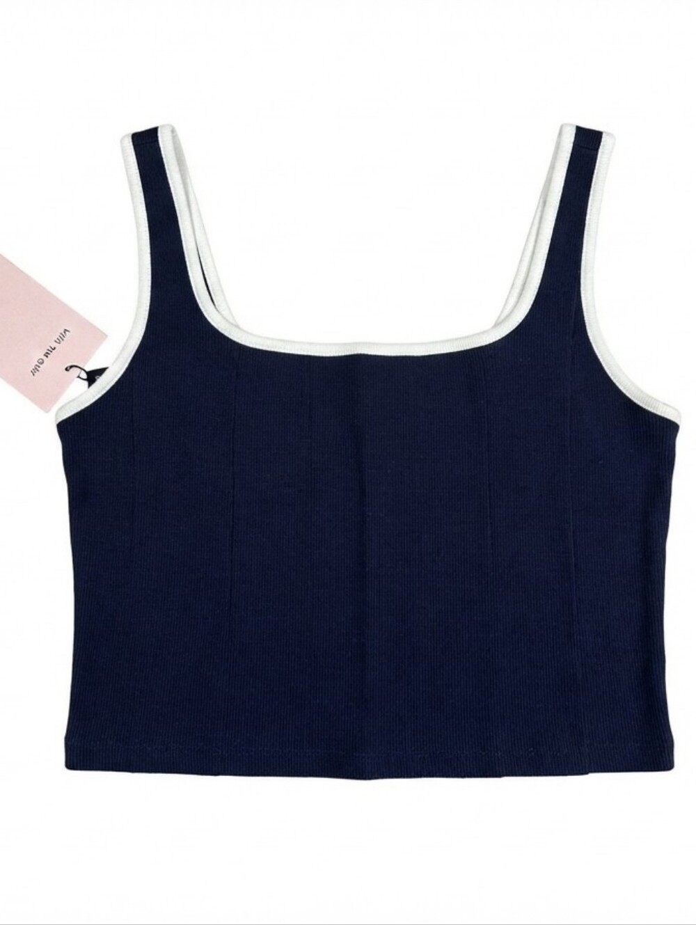 Avec Les Filles Navy Blue White Linen Blend Piping Crop Tank Top Size 6 NWT